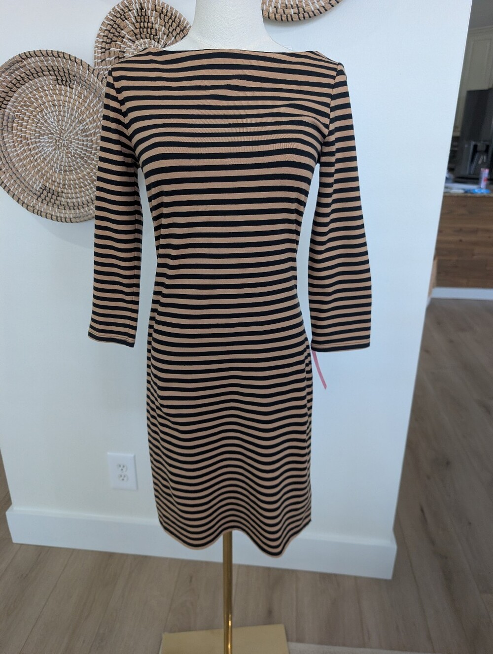 Xhilaration Tan & Black Striped Boatneck  Midi Dress Size M NWT